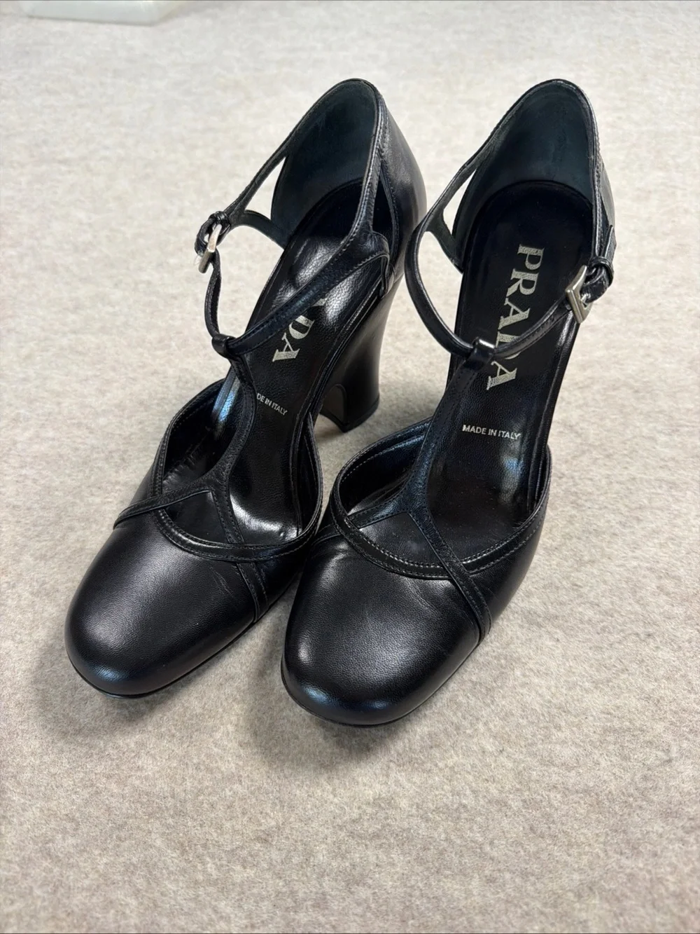 Prada Black Leather T-Strap Block Heel Pumps